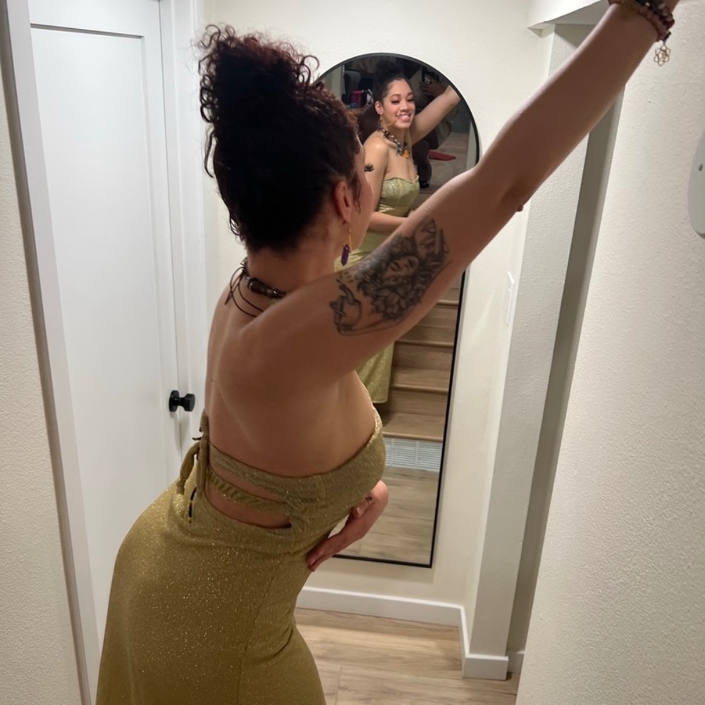Custom Gold Strapless Dress with Side Slit